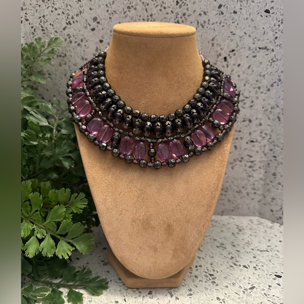 Purple and gray bead collar necklace